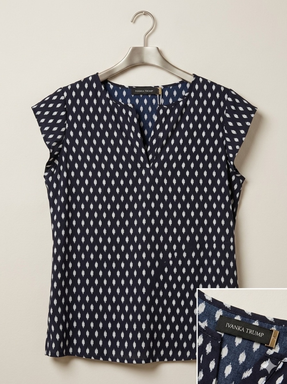 Ivanka Trump Navy and White Dot Cap-Sleeve Blouse
